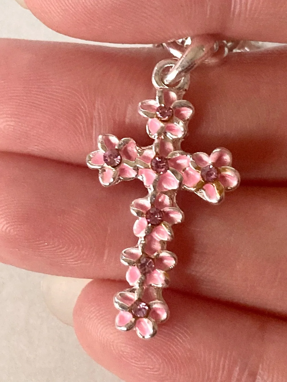 Laule’a Hawaii NWOT Pink Floral Cross phone Charm Silver Tone accessory